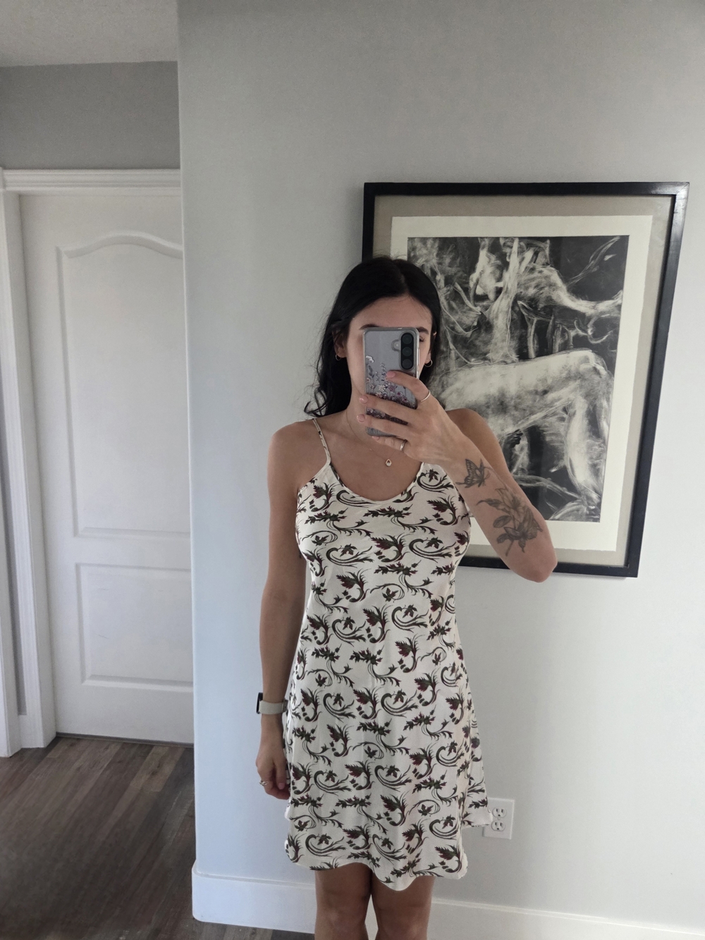 Ivory Floral-Print Slip Dress with Brown Vine Accents
